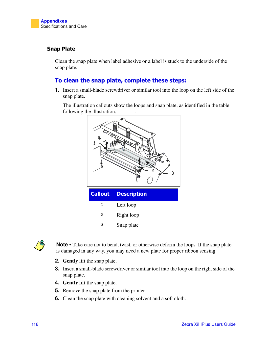 Zebra Technologies 3ULQWHUV manual 7RFOHDQWKHVQDSSODWHFRPSOHWHWKHVHVWHSV, 6QDS3ODWH 