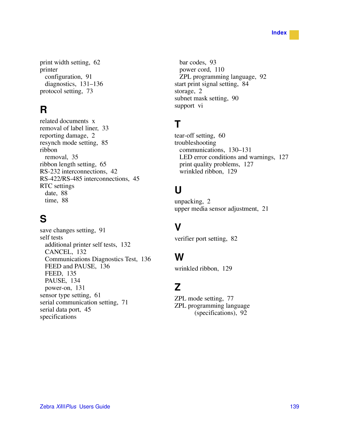 Zebra Technologies 3ULQWHUV manual Zebra XiIIIPlus Users Guide 139 