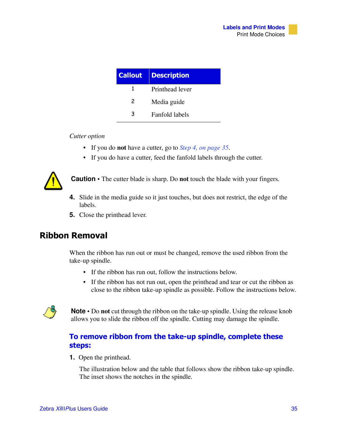 Zebra Technologies 3ULQWHUV manual 5LEERQ5HPRYDO, Cutter option 