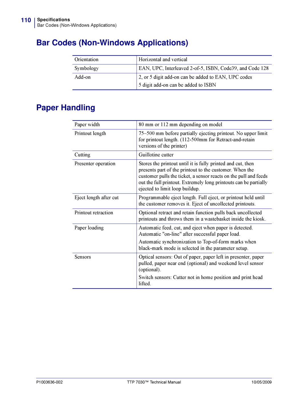 Zebra Technologies 7030 technical manual Bar Codes Non-Windows Applications, Paper Handling 