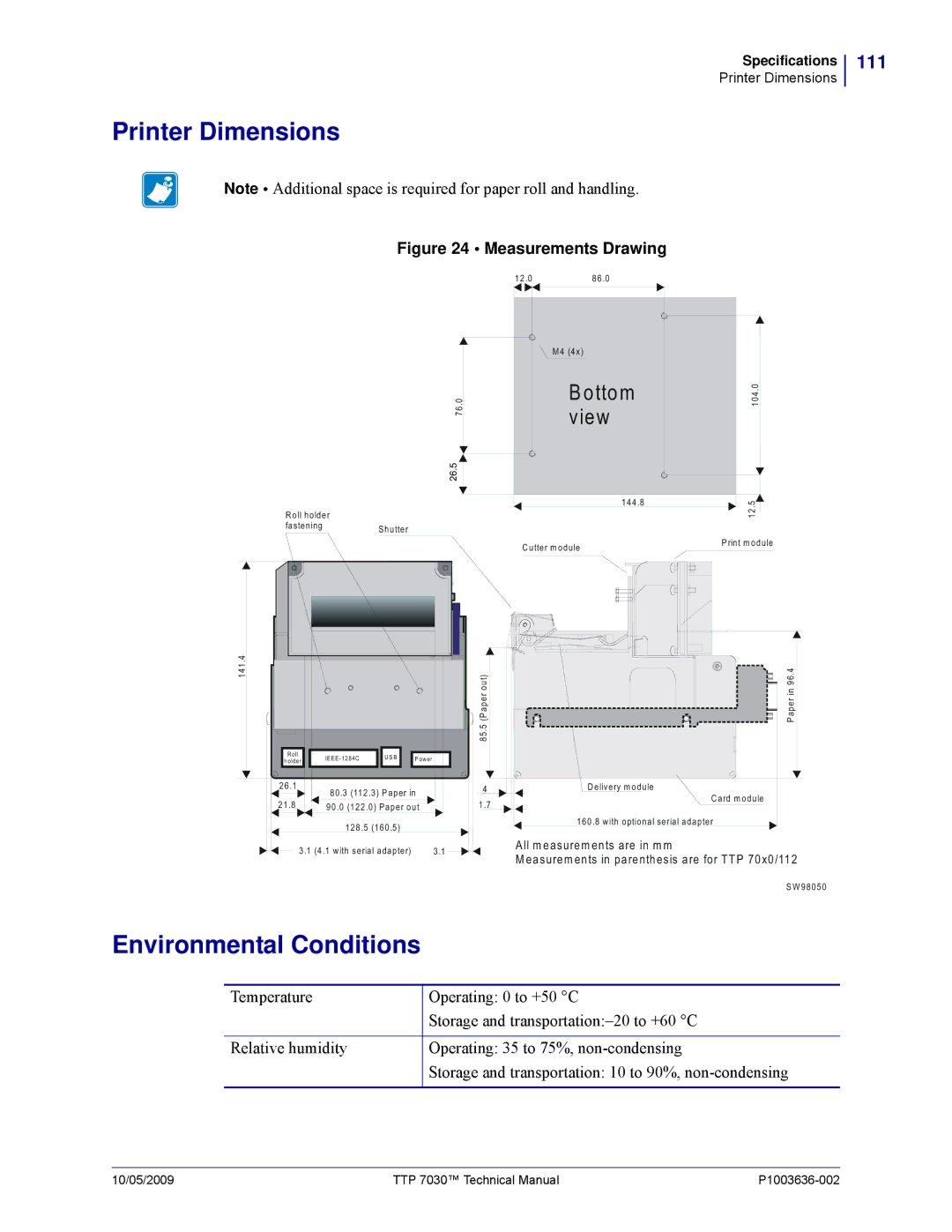 Zebra Technologies 7030 technical manual Printer Dimensions, Environmental Conditions 