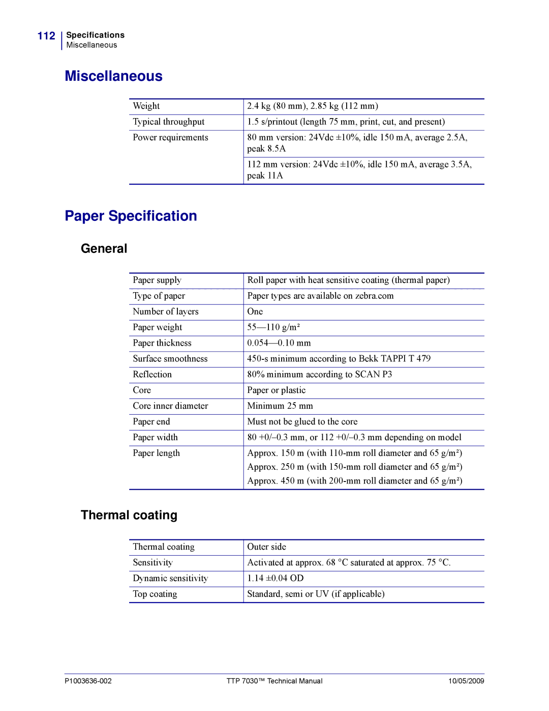 Zebra Technologies 7030 technical manual Miscellaneous, Paper Specification, General, Thermal coating 