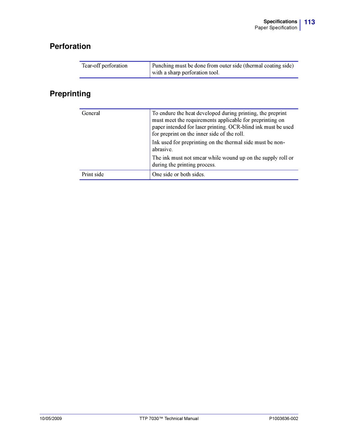 Zebra Technologies 7030 technical manual Perforation, Preprinting 