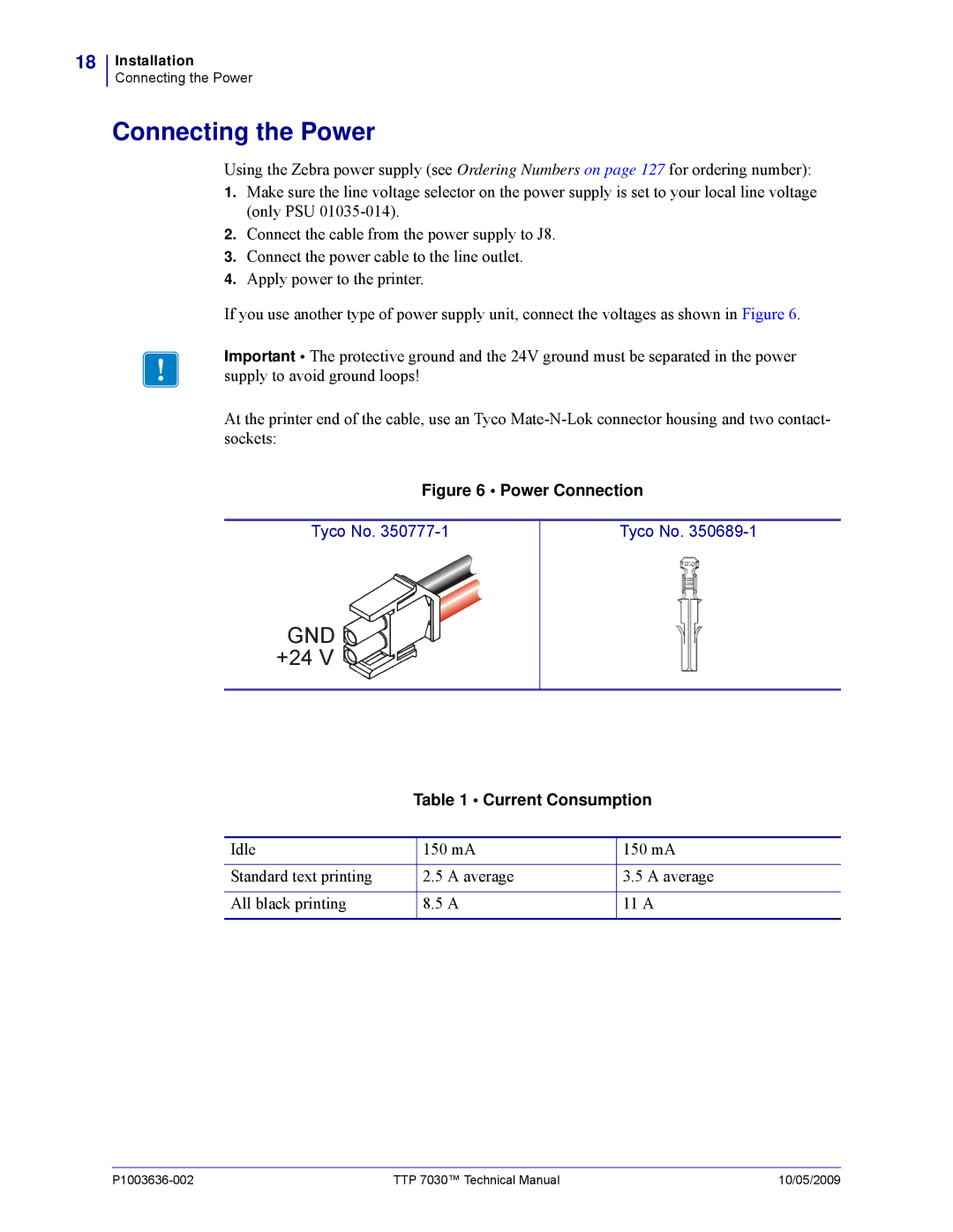 Zebra Technologies 7030 technical manual Connecting the Power, Gnd 