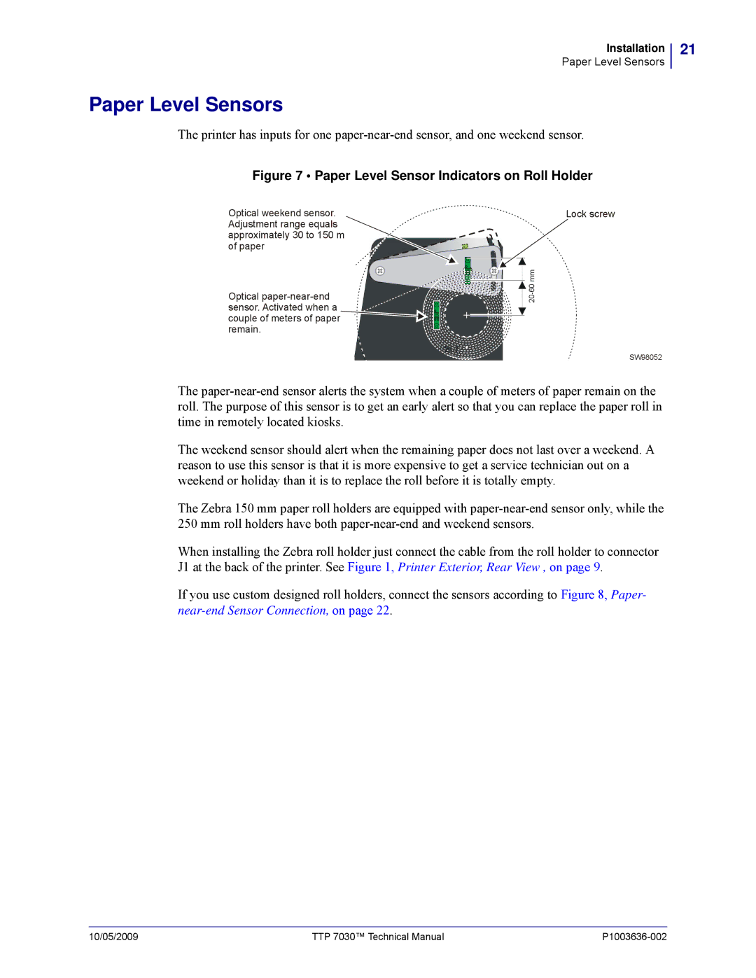 Zebra Technologies 7030 technical manual Paper Level Sensors, Paper Level Sensor Indicators on Roll Holder 