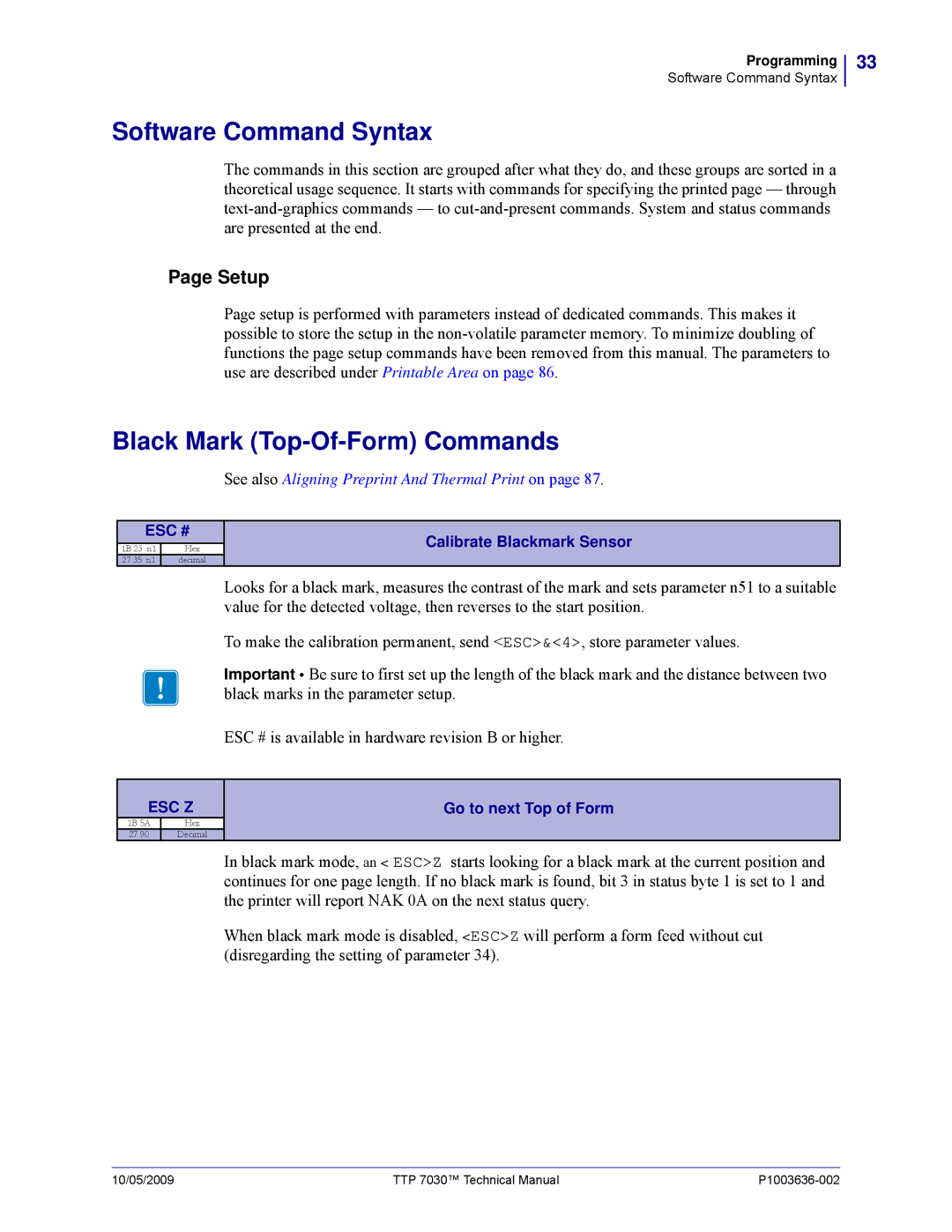 Zebra Technologies 7030 technical manual Software Command Syntax, Black Mark Top-Of-Form Commands 