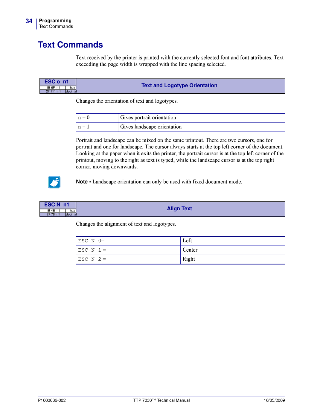 Zebra Technologies 7030 technical manual Text Commands, Changes the alignment of text and logotypes, Left Center Right 