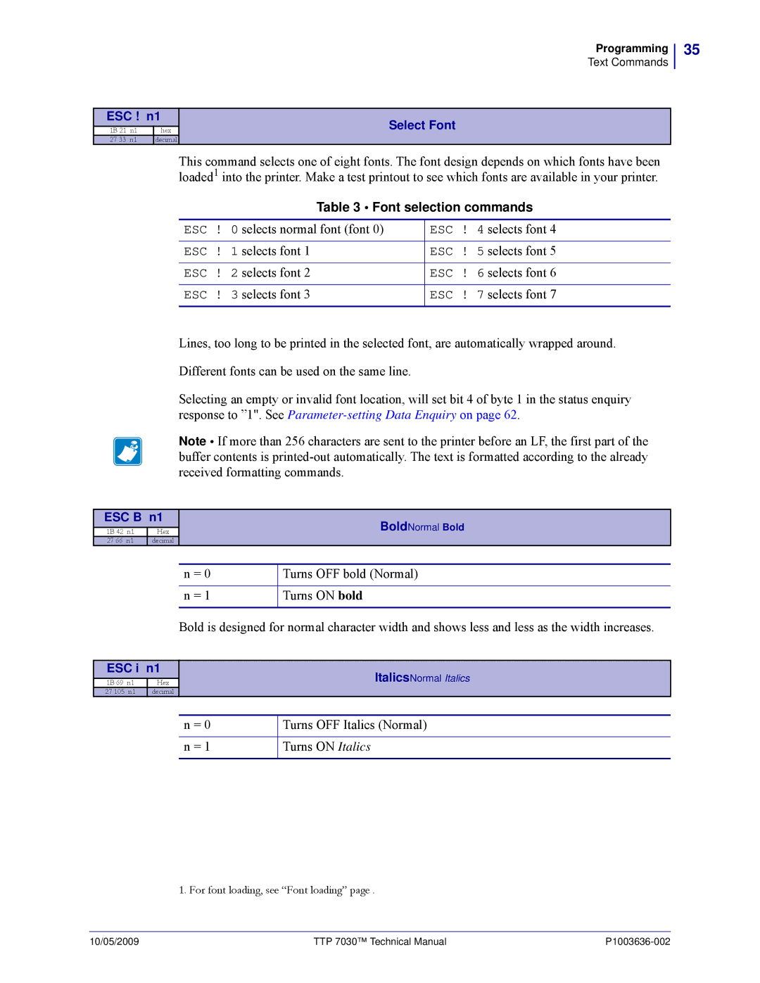 Zebra Technologies 7030 technical manual Selects normal font font ESC ! 4 selects font, Selects font ESC ! 5 selects font 