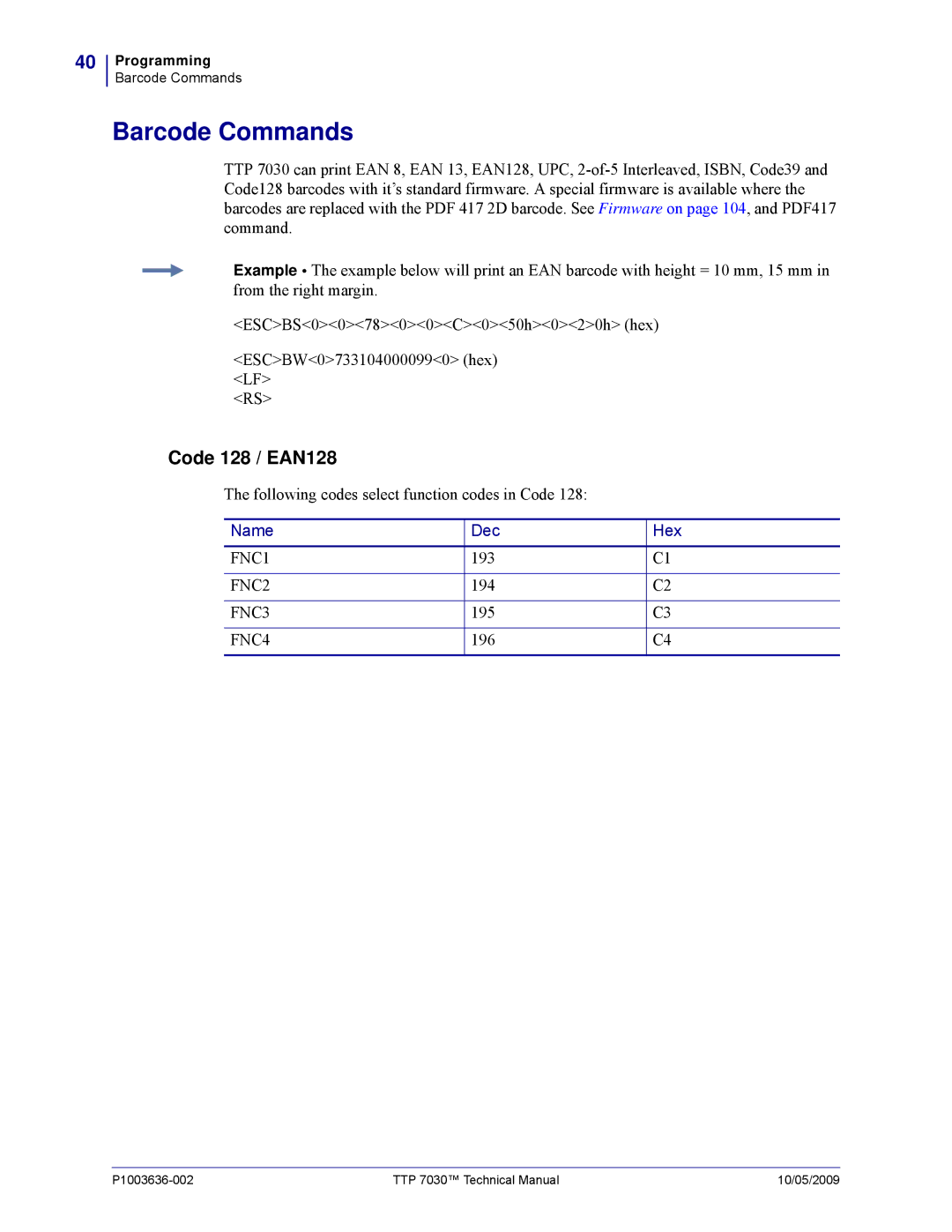 Zebra Technologies 7030 technical manual Barcode Commands 