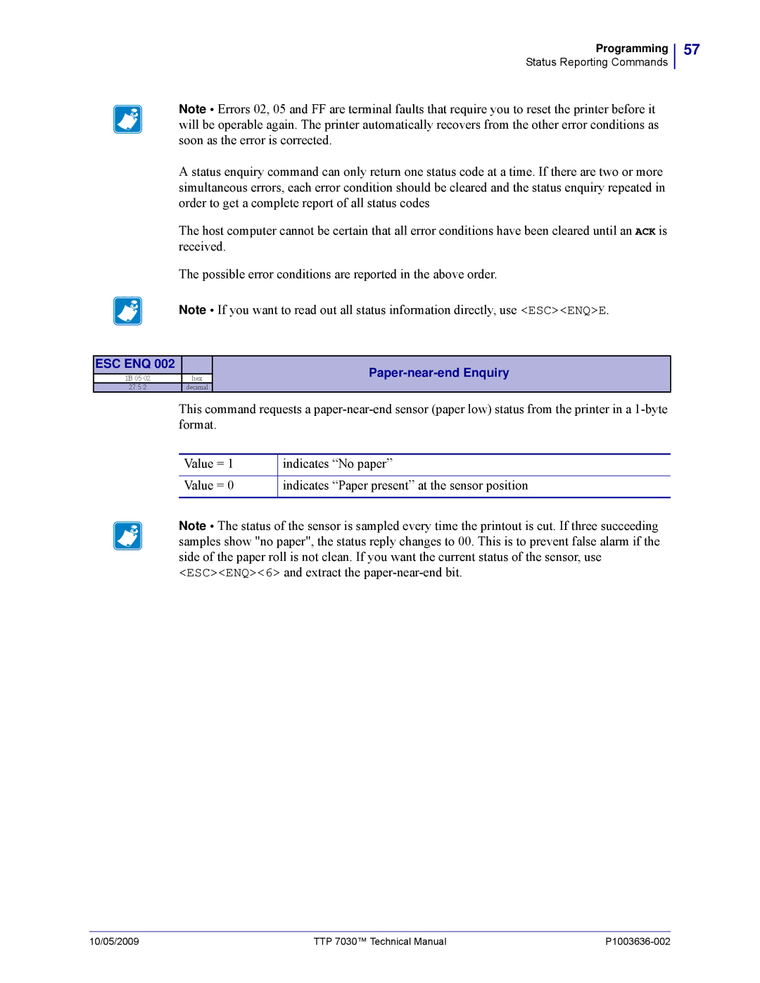 Zebra Technologies 7030 technical manual Paper-near-end Enquiry 