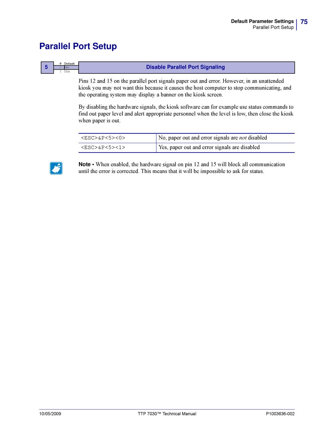 Zebra Technologies 7030 technical manual Parallel Port Setup, No, paper out and error signals are not disabled 