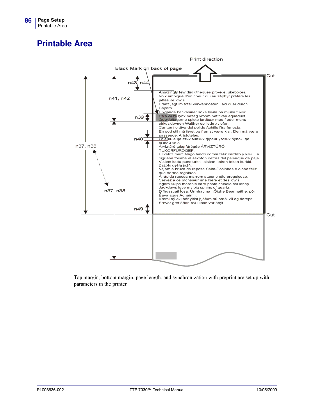 Zebra Technologies 7030 technical manual Printable Area, N43 N44 