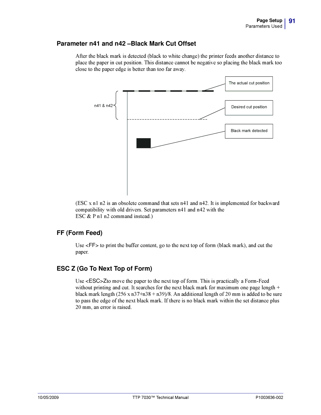 Zebra Technologies 7030 technical manual Parameter n41 and n42 -Black Mark Cut Offset 