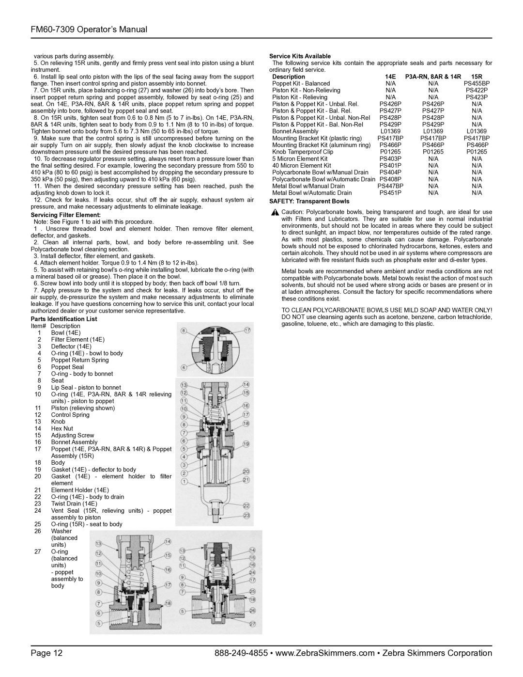 Zebra Technologies 7309 manual Parts Identification List, Service Kits Available, Description 14E P3A-RN, 8AR & 14R 15R 