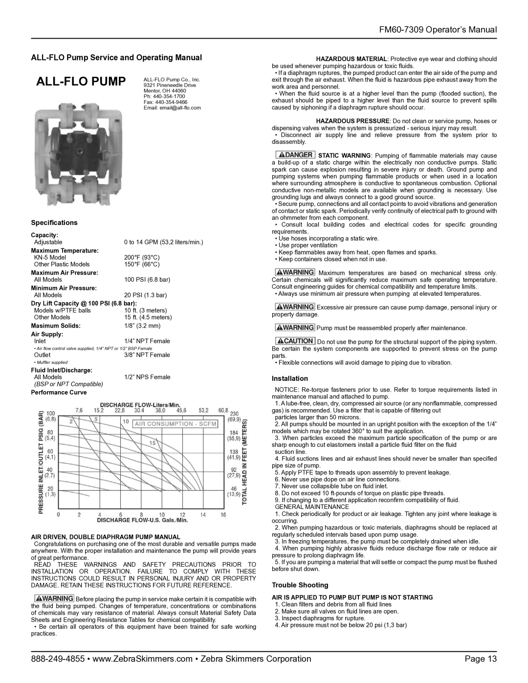 Zebra Technologies 7309 manual Capacity, Maximum Temperature, Maximum Air Pressure, Minimum Air Pressure, Masimum Solids 