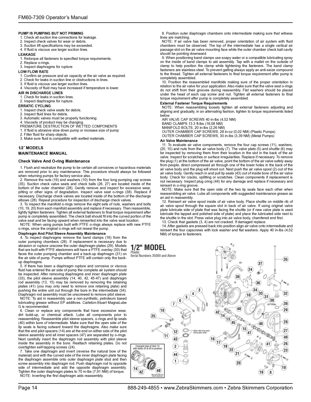 Zebra Technologies 7309 manual Diaphragm And Pilot Sleeve Assembly Maintenance, External Fastener Torque Requirements 