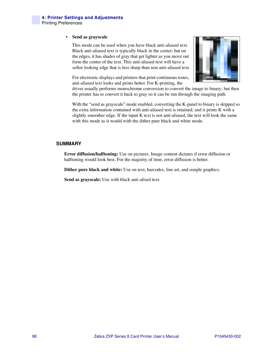 Zebra Technologies 8 user manual Summary, Send as grayscale 