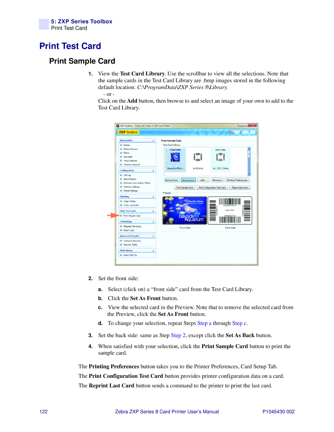 Zebra Technologies 8 user manual Print Test Card, Print Sample Card 