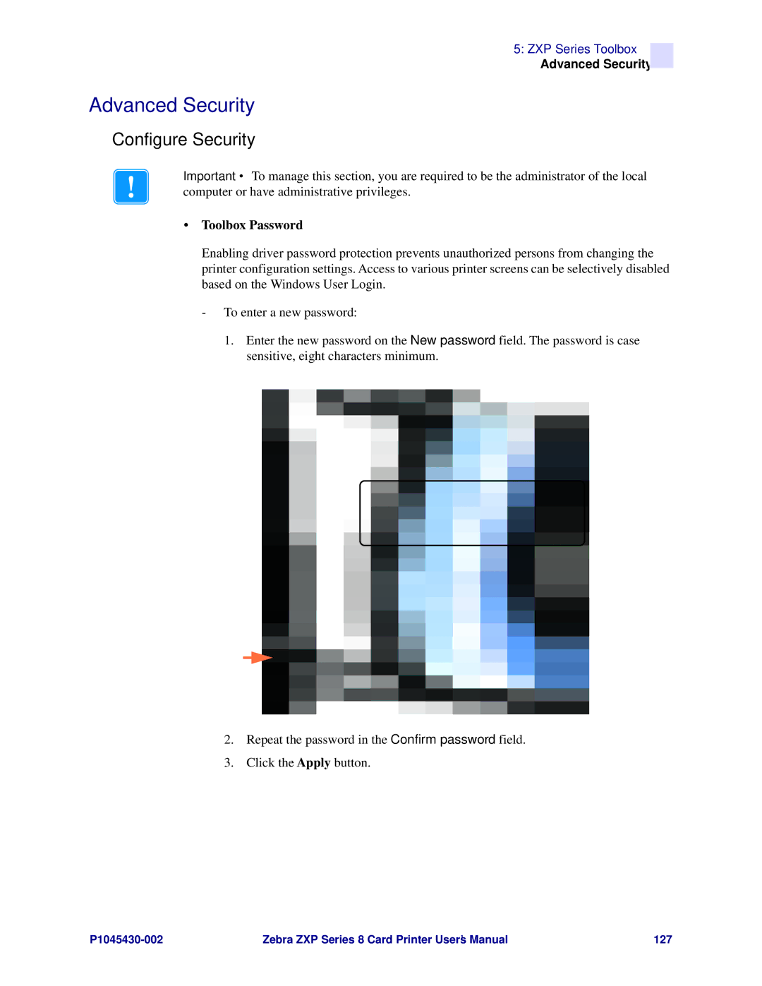 Zebra Technologies 8 user manual Advanced Security, Configure Security, Toolbox Password 