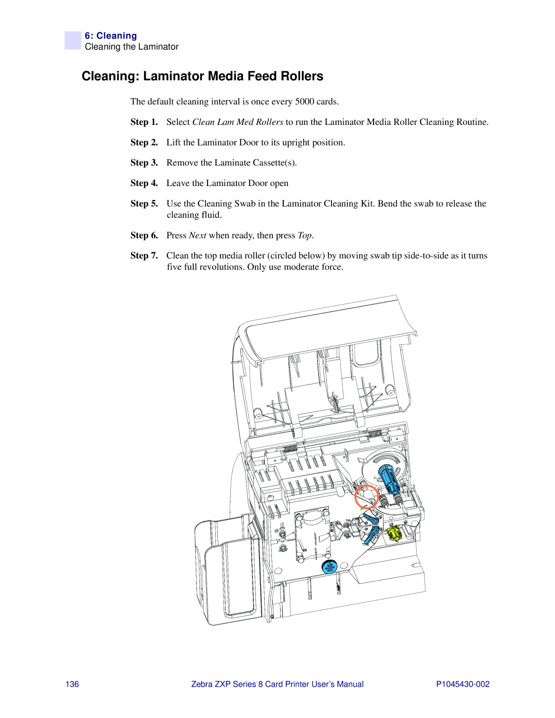 Zebra Technologies 8 user manual Cleaning Laminator Media Feed Rollers 