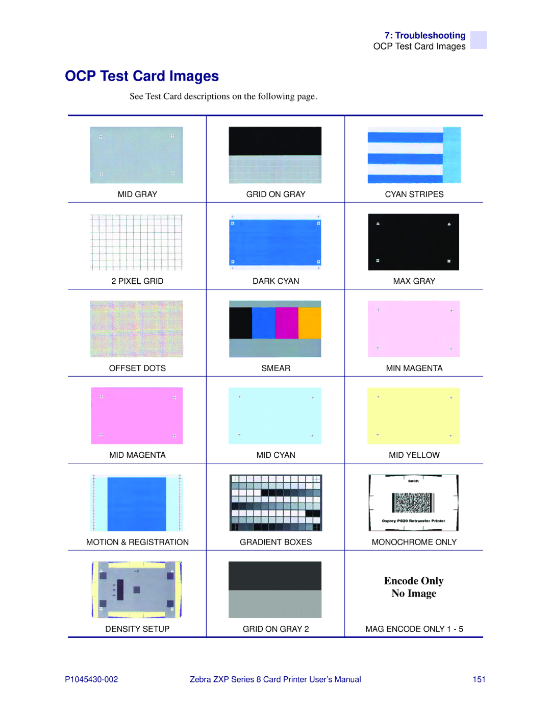 Zebra Technologies 8 user manual OCP Test Card Images, See Test Card descriptions on the following 