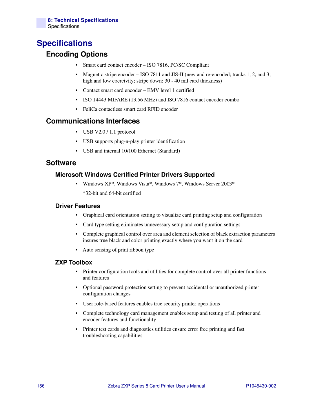 Zebra Technologies 8 user manual Specifications, Encoding Options, Communications Interfaces, Software 