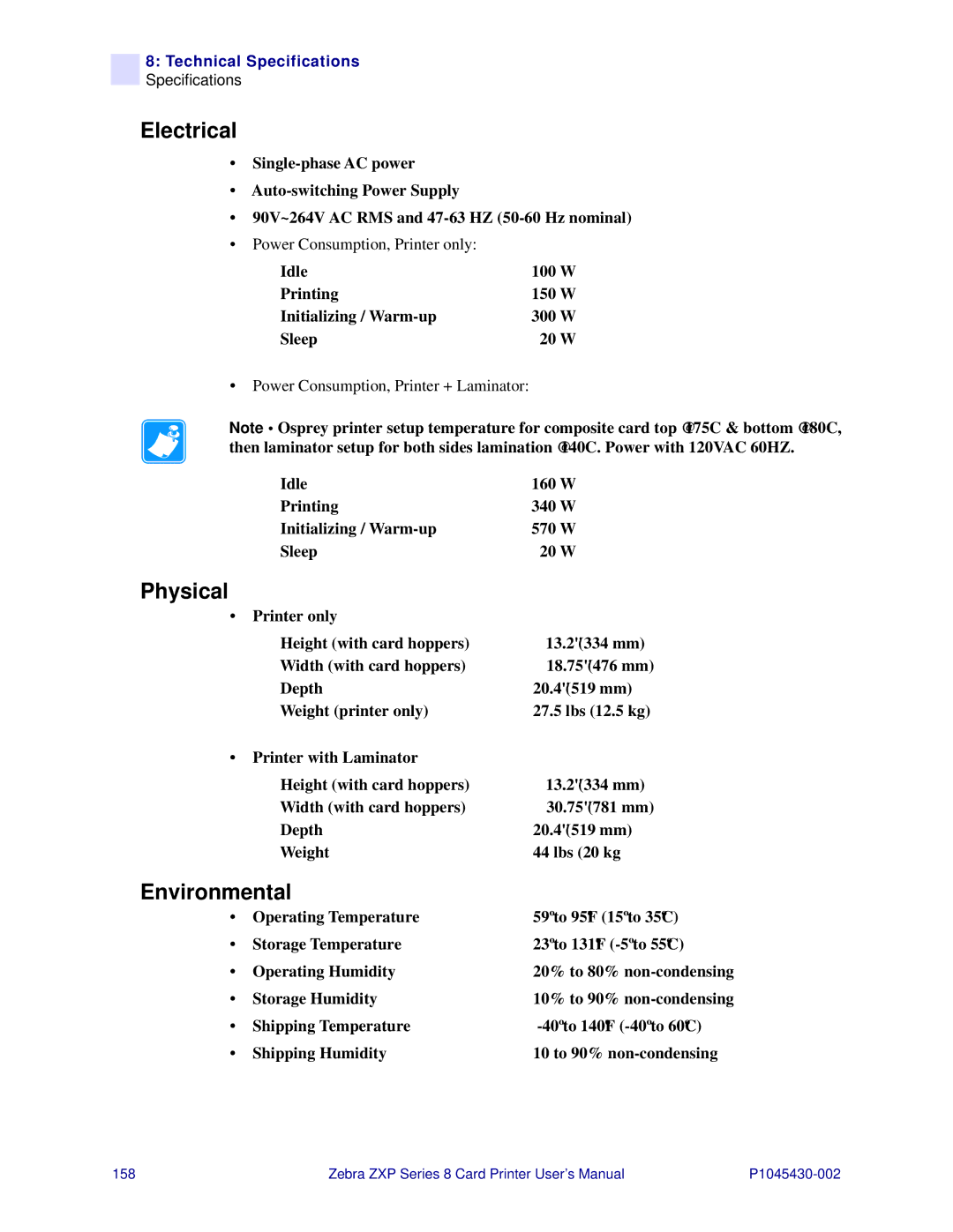 Zebra Technologies 8 user manual Electrical, Physical, Environmental, Power Consumption, Printer only 