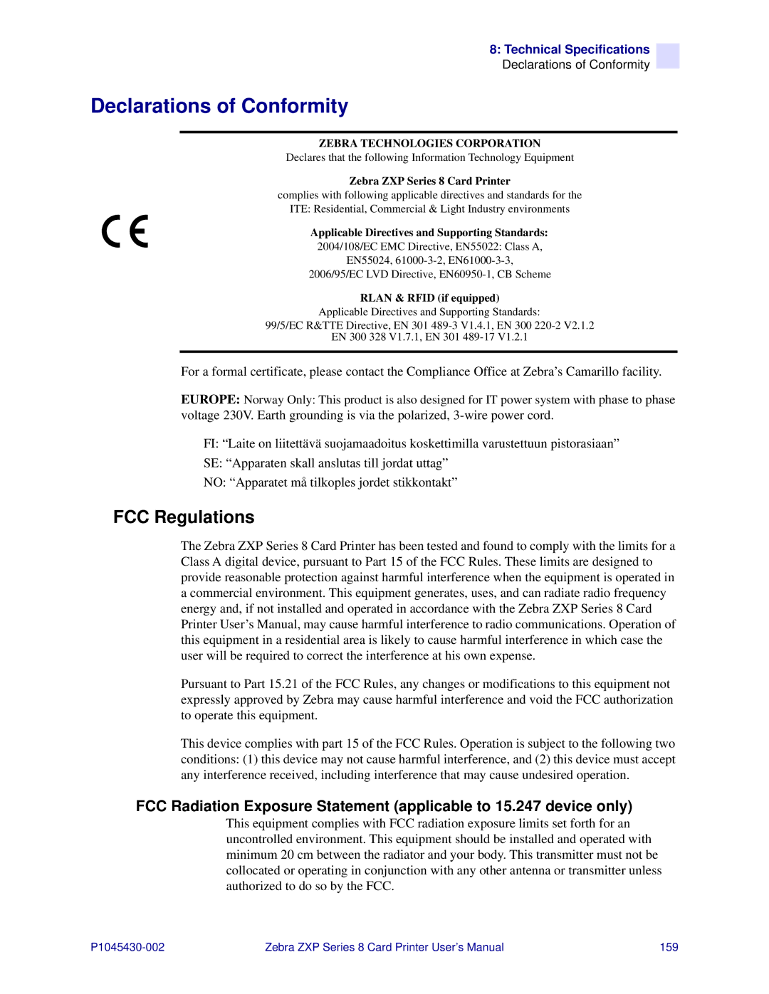 Zebra Technologies 8 user manual Declarations of Conformity, FCC Regulations 