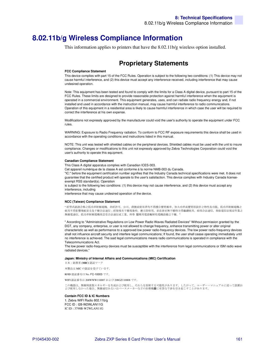 Zebra Technologies 8 user manual 02.11b/g Wireless Compliance Information, Proprietary Statements 