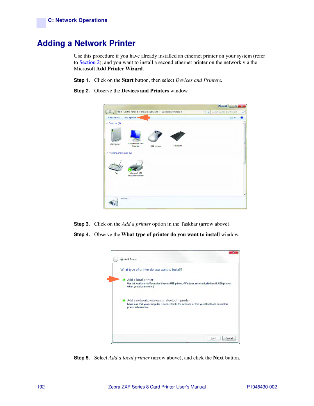 Zebra Technologies 8 user manual Adding a Network Printer, Observe the Devices and Printers window 