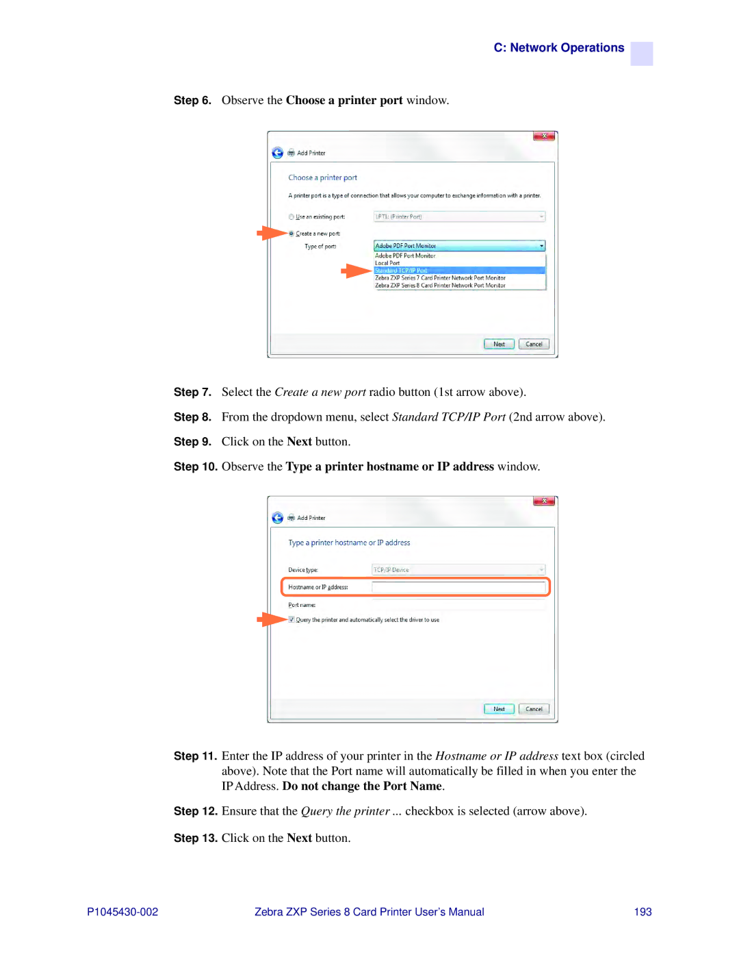 Zebra Technologies 8 Observe the Choose a printer port window, Observe the Type a printer hostname or IP address window 