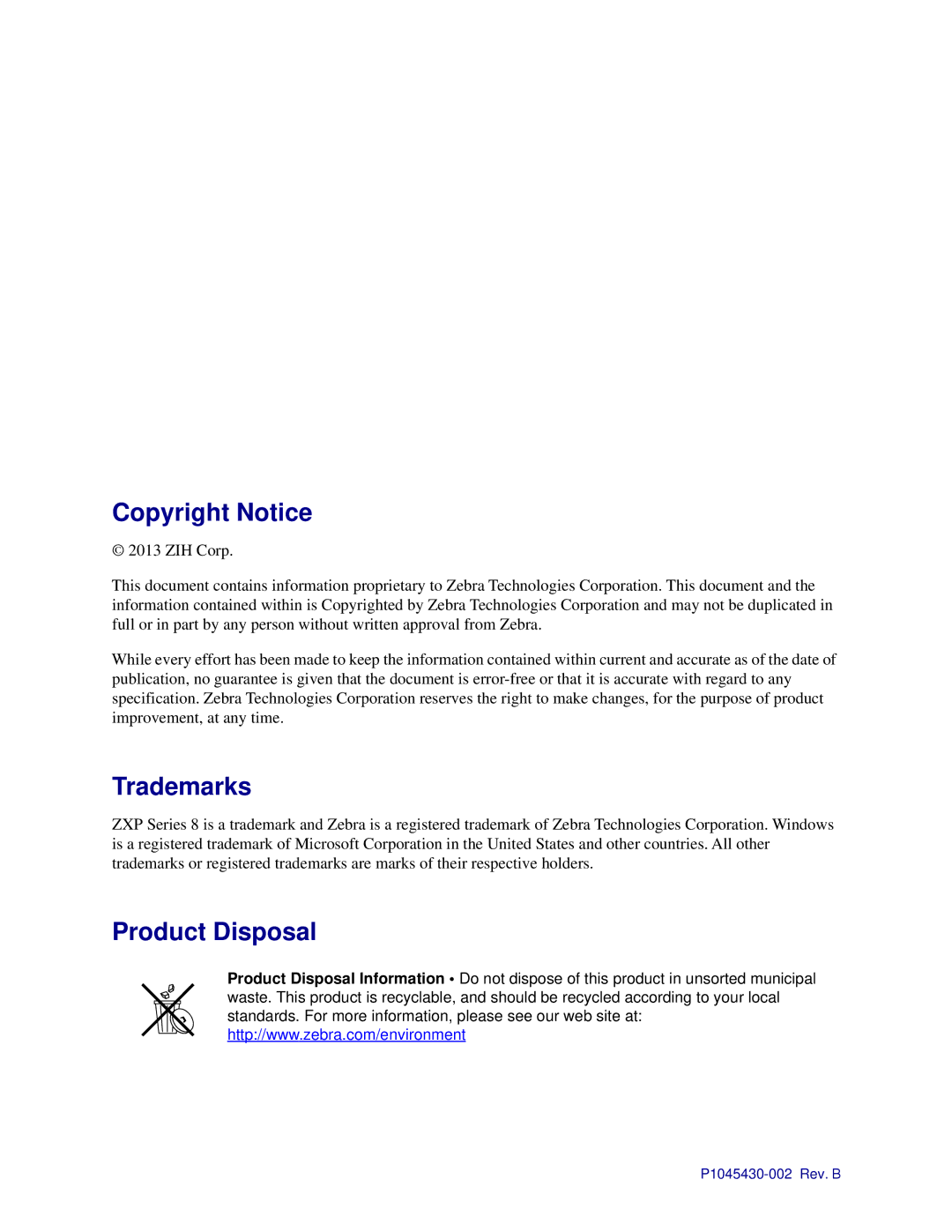 Zebra Technologies 8 user manual Copyright Notice, Trademarks, Product Disposal 