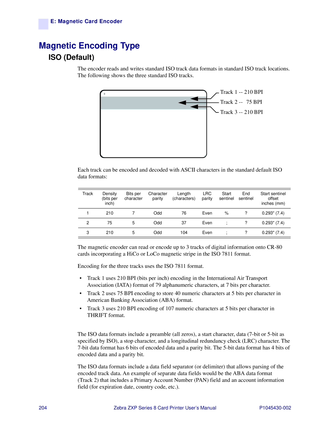 Zebra Technologies 8 user manual Magnetic Encoding Type, ISO Default 