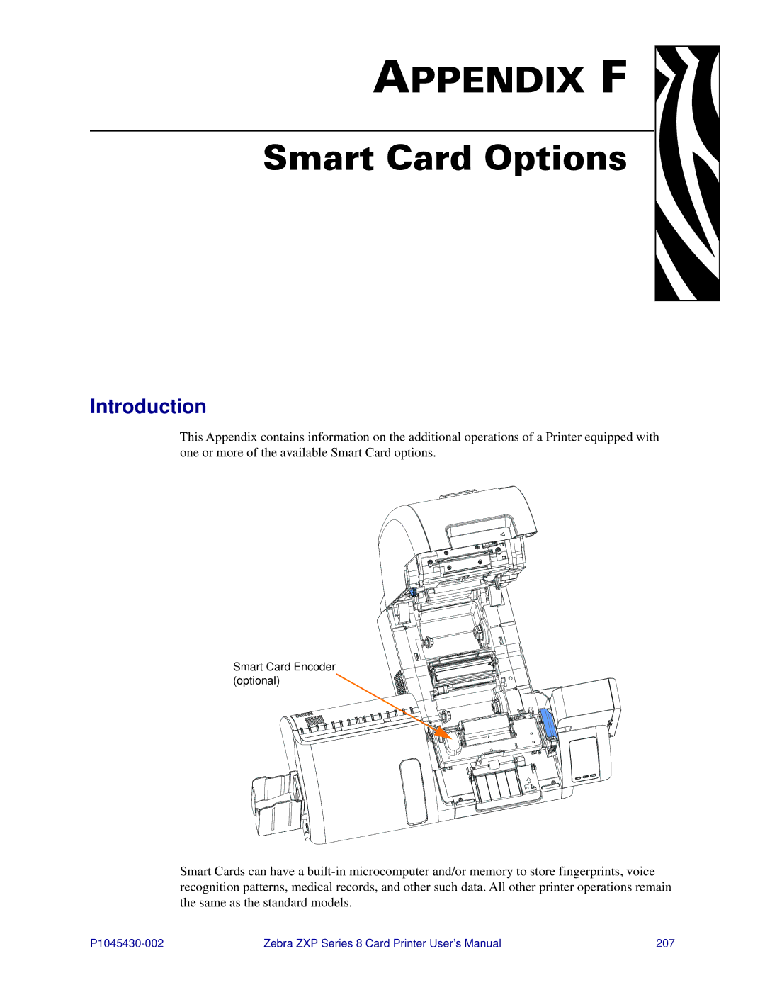 Zebra Technologies 8 user manual Appendix F, Smart Card Options 