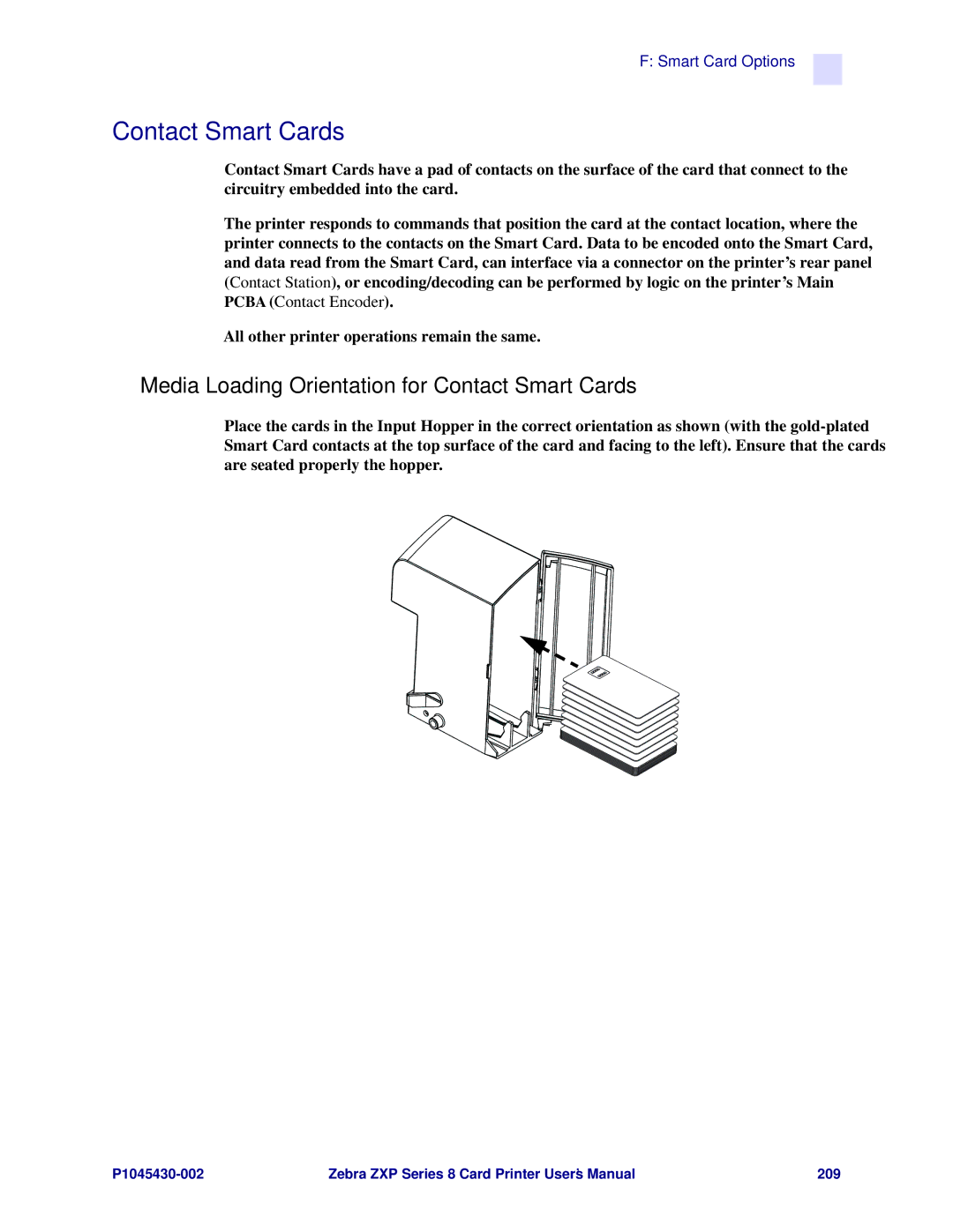 Zebra Technologies 8 user manual Media Loading Orientation for Contact Smart Cards 