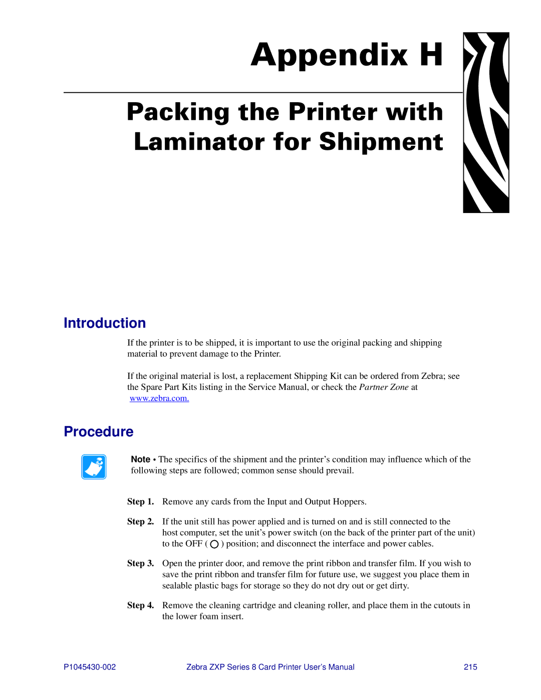 Zebra Technologies 8 user manual Appendix H, Packing the Printer with Laminator for Shipment 