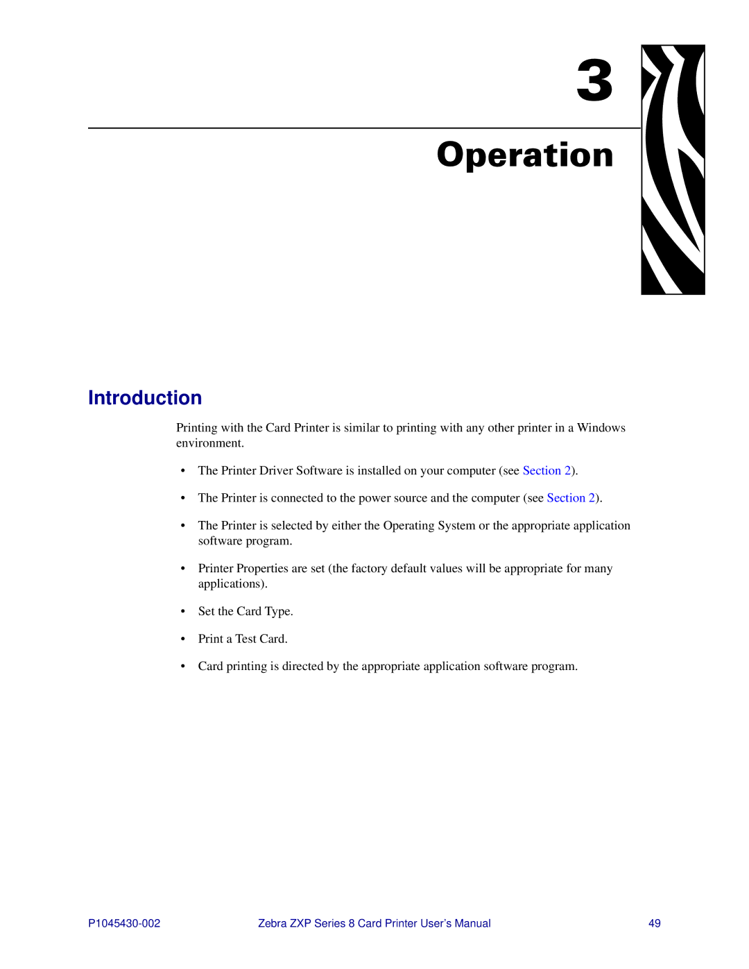 Zebra Technologies 8 user manual Operation, Introduction 