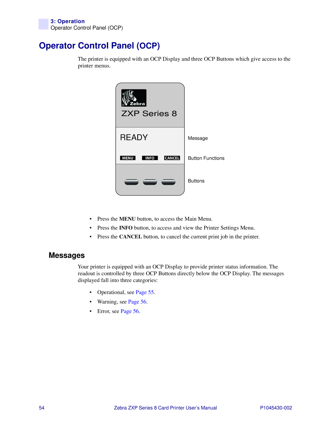 Zebra Technologies 8 user manual Operator Control Panel OCP, Messages 