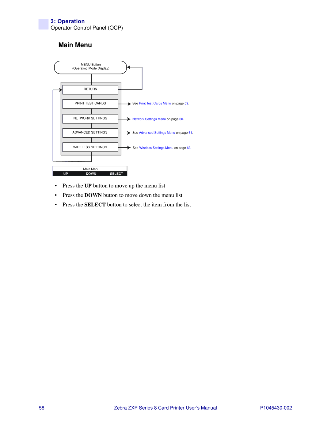 Zebra Technologies 8 user manual Main Menu 