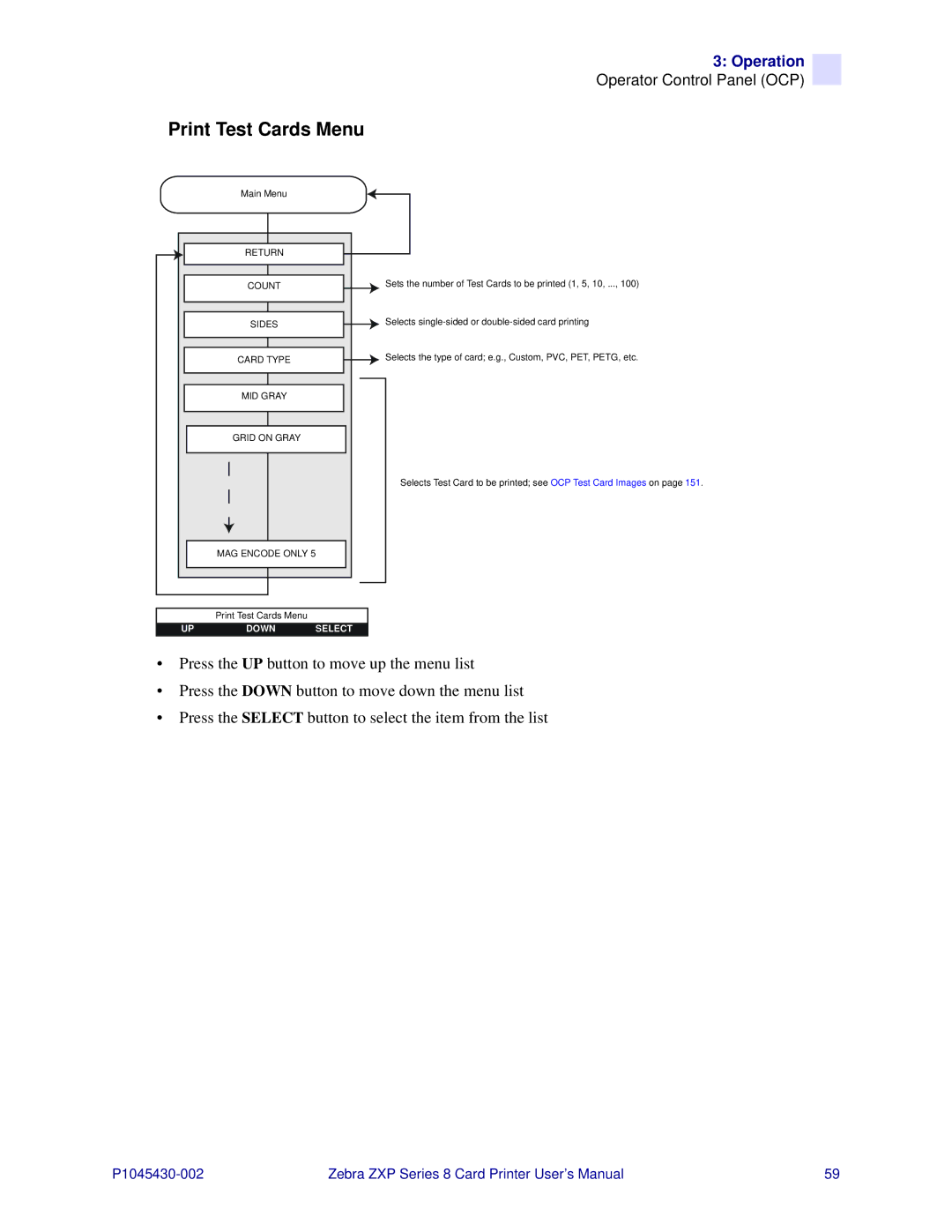 Zebra Technologies 8 user manual Print Test Cards Menu 