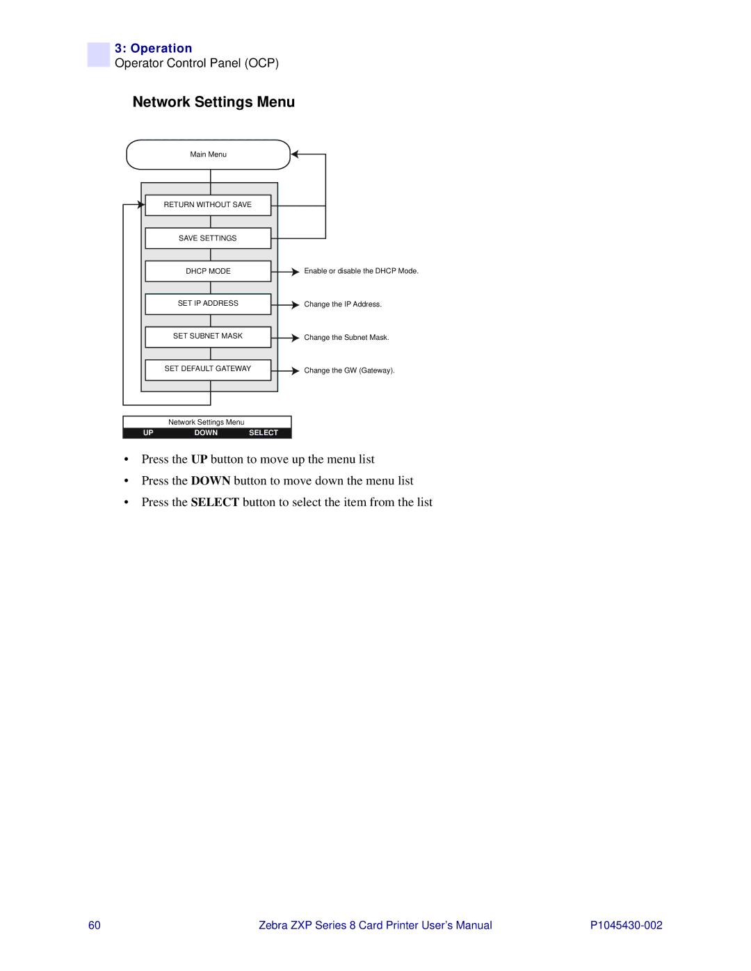 Zebra Technologies 8 user manual Network Settings Menu 