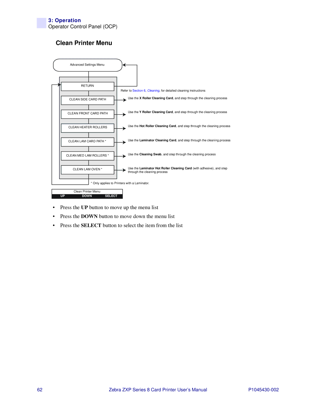 Zebra Technologies 8 user manual Clean Printer Menu, Return 