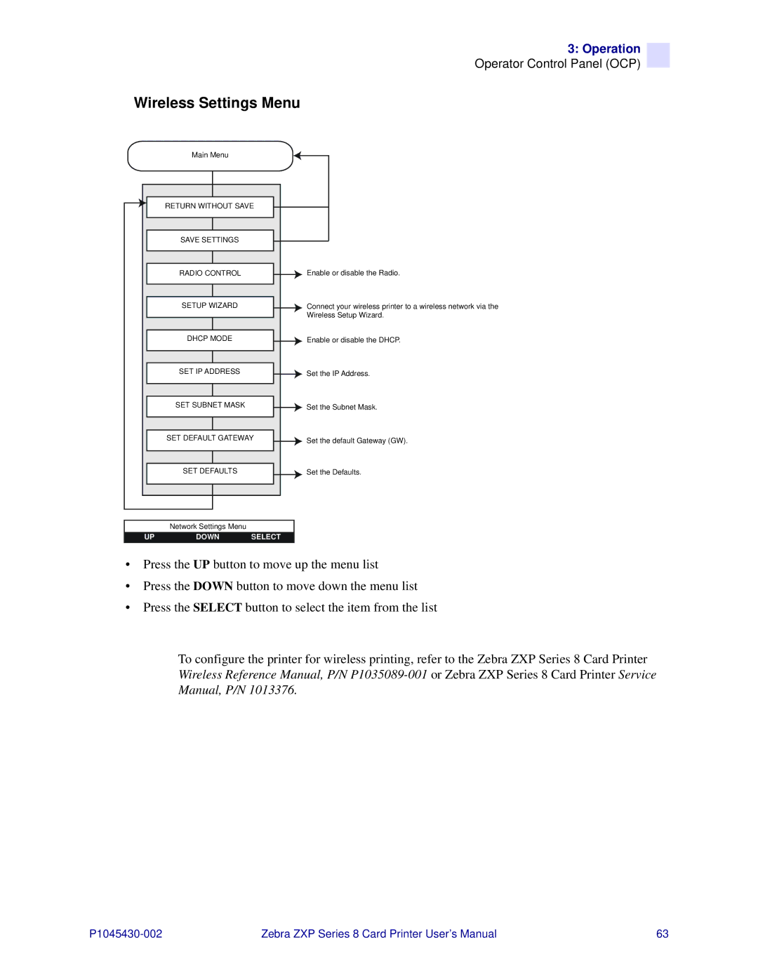 Zebra Technologies 8 user manual Wireless Settings Menu 