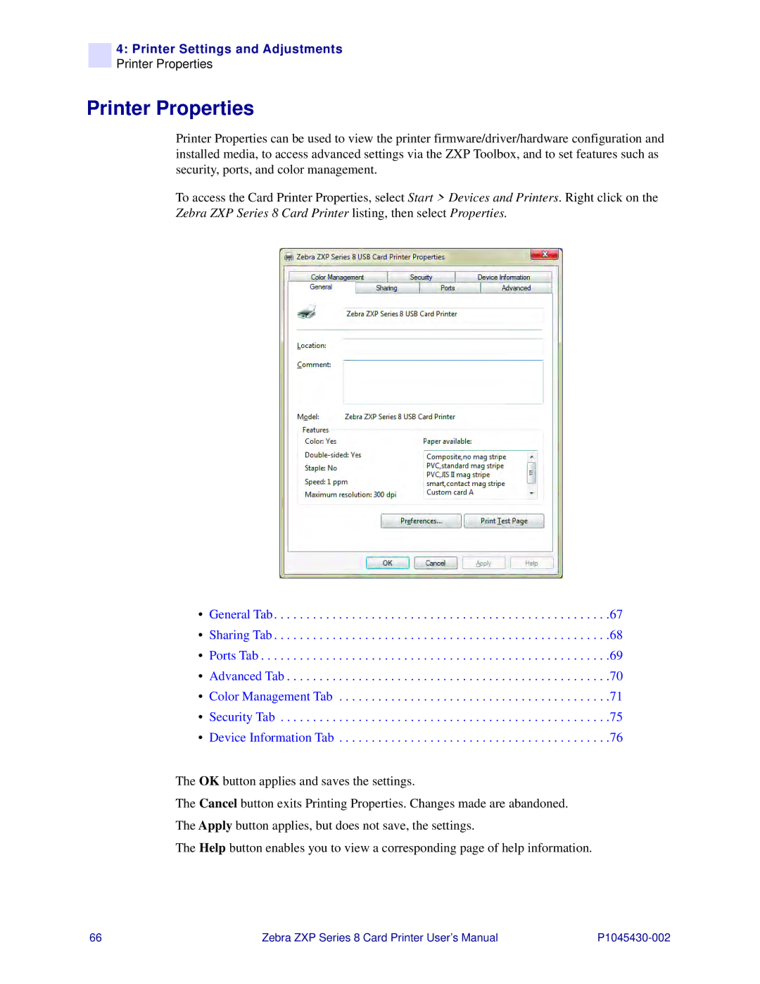 Zebra Technologies 8 user manual Printer Properties 