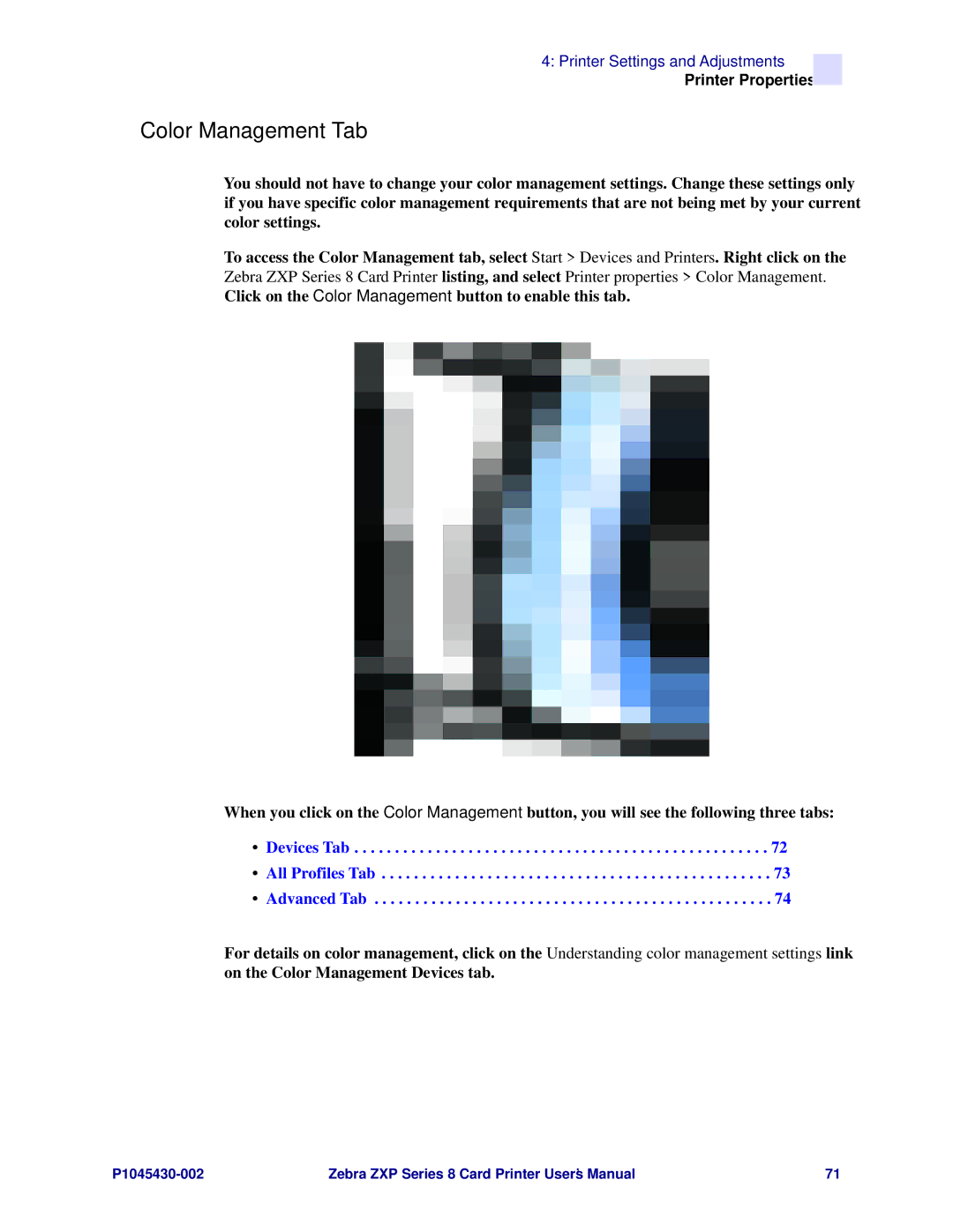 Zebra Technologies 8 user manual Color Management Tab, Devices Tab All Profiles Tab Advanced Tab 