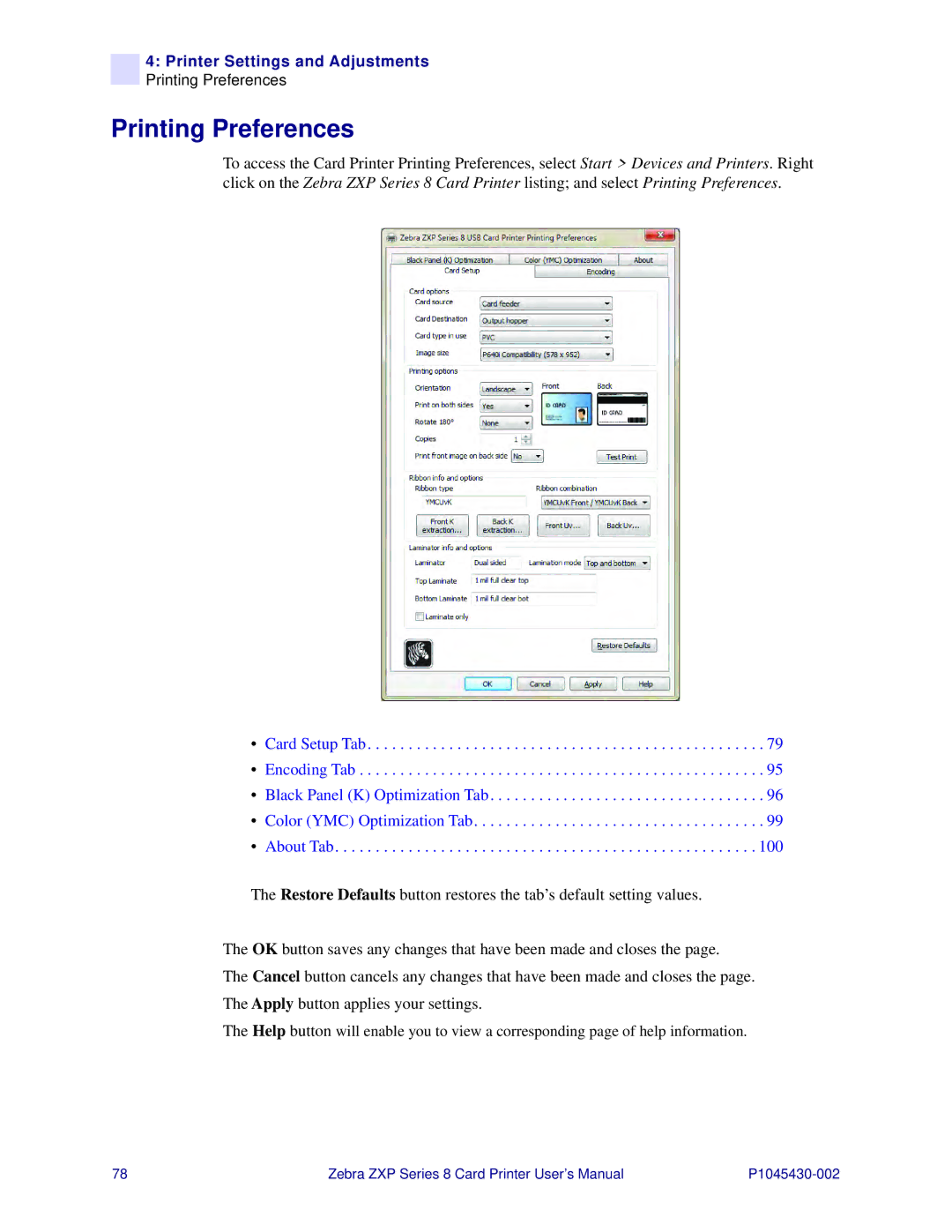 Zebra Technologies 8 user manual Printing Preferences 