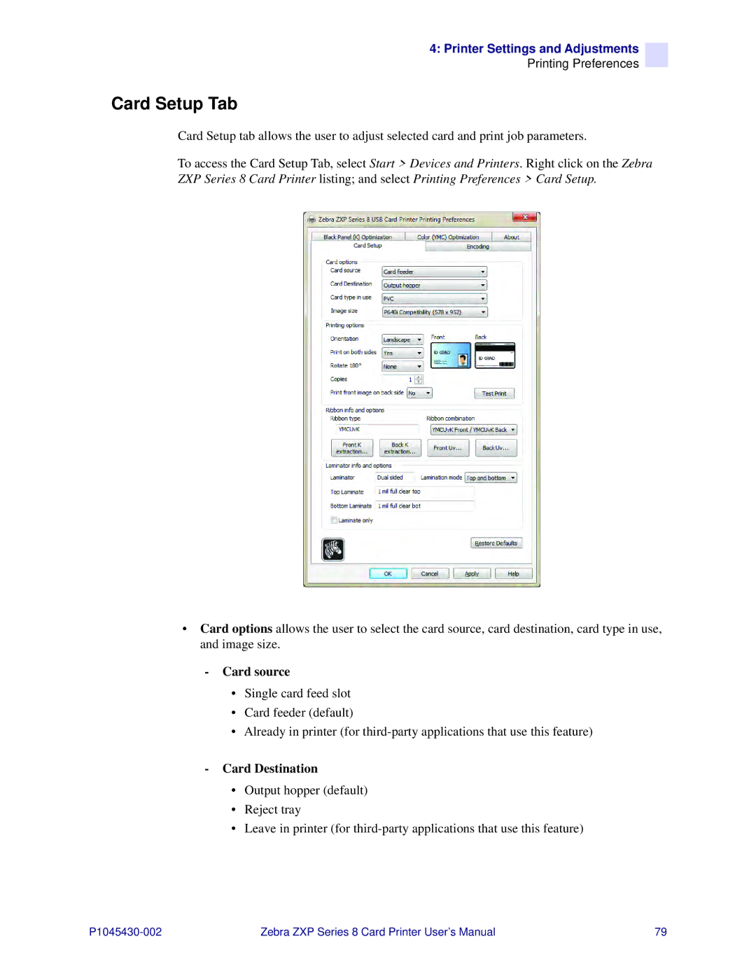 Zebra Technologies 8 user manual Card Setup Tab, Card source, Card Destination 