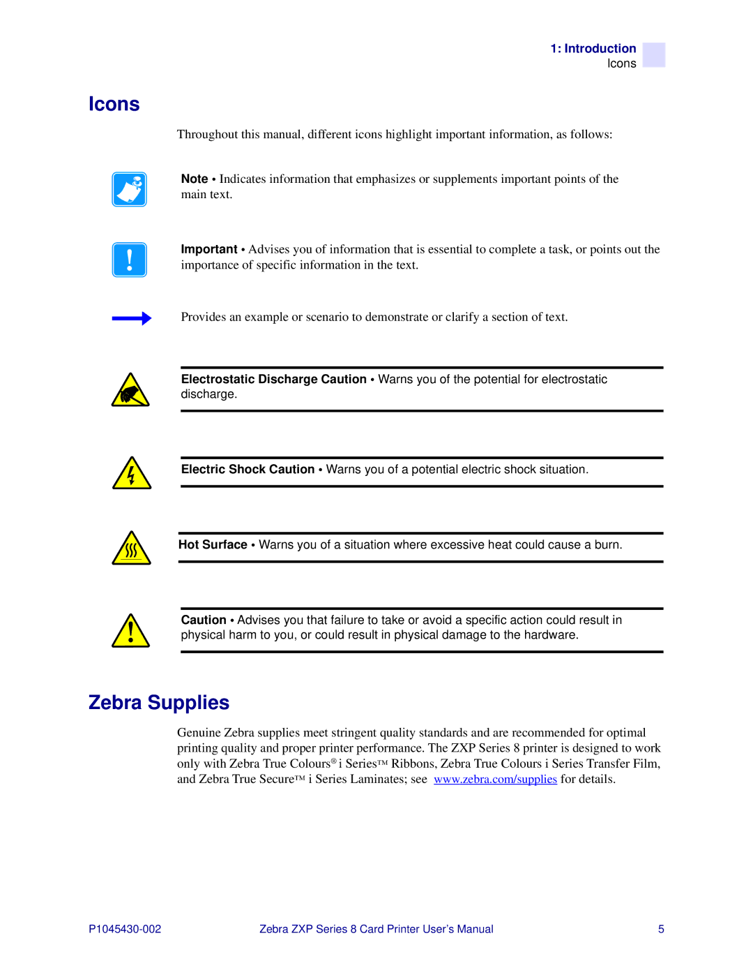 Zebra Technologies 8 user manual Icons, Zebra Supplies 