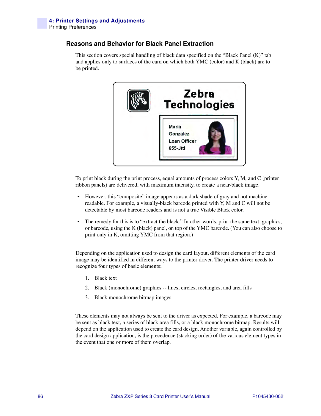 Zebra Technologies 8 user manual Reasons and Behavior for Black Panel Extraction 