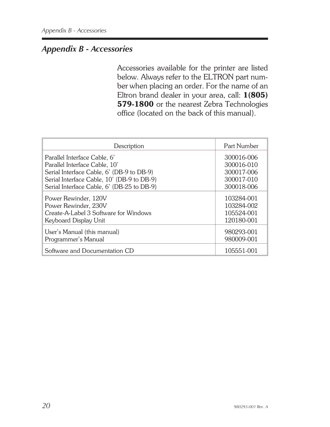 Zebra Technologies 980293-001 user manual Appendix B Accessories 